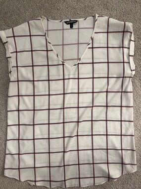 Express Gramercy V-Neck Windowpane Blouse - Red/Black Grid